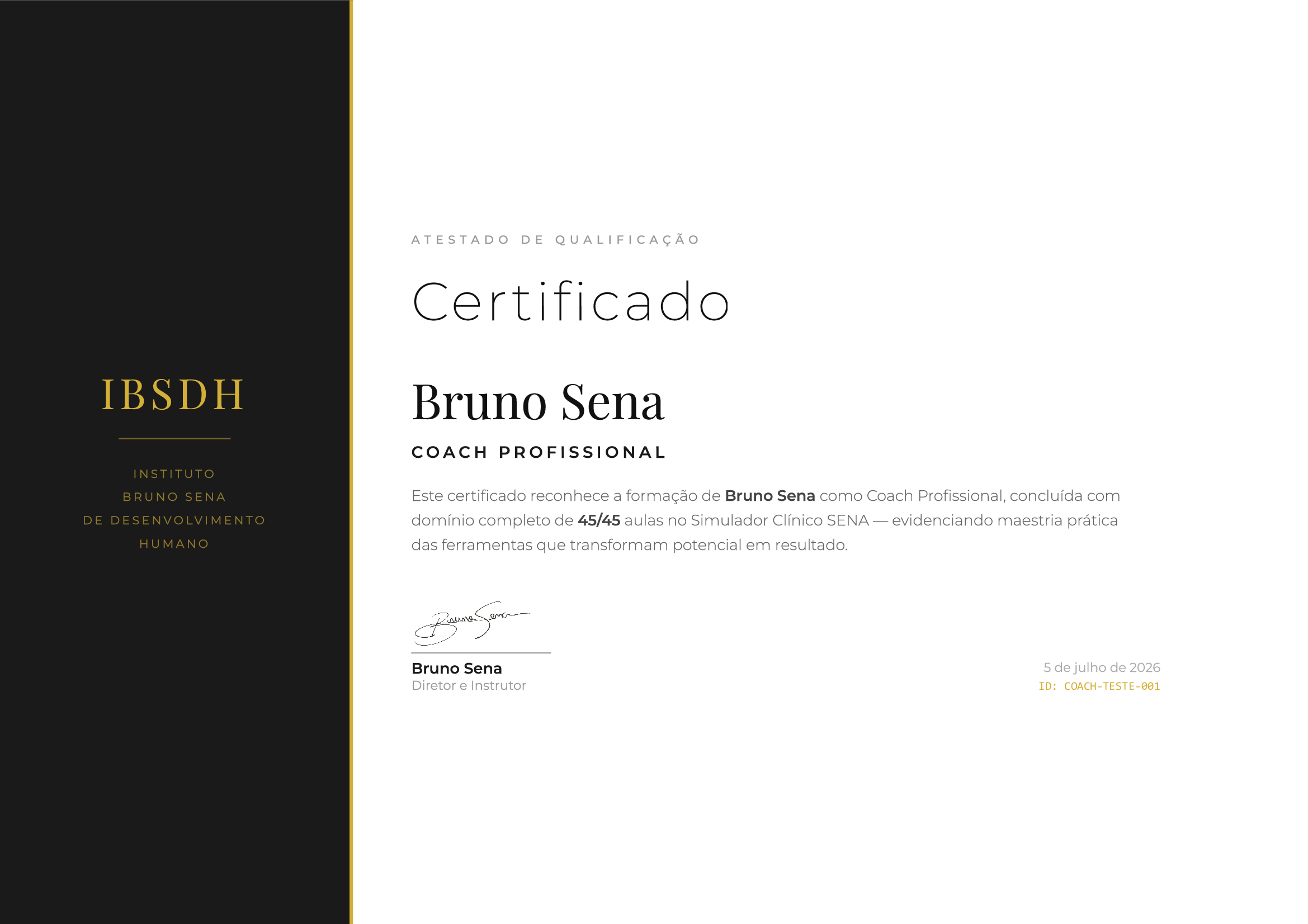 Certificado de Coach Profissional emitido pelo IBSDH