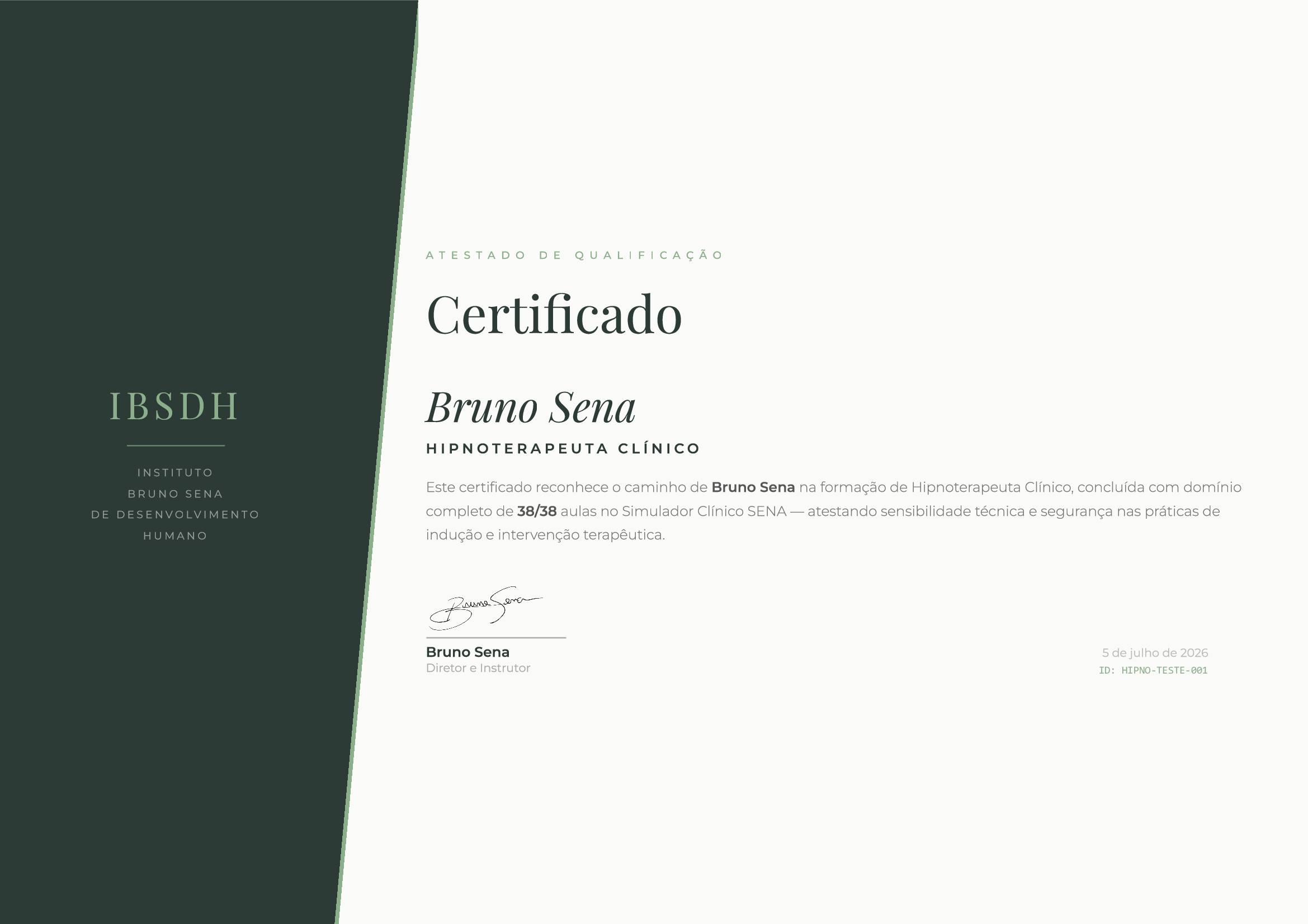 Certificado de Hipnoterapeuta Clínico emitido pelo IBSDH