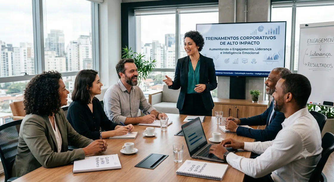 Treinamento corporativo em andamento: uma facilitadora conduz uma equipe reunida em torno da mesa, diante de uma apresentação sobre engajamento, liderança e inteligência emocional